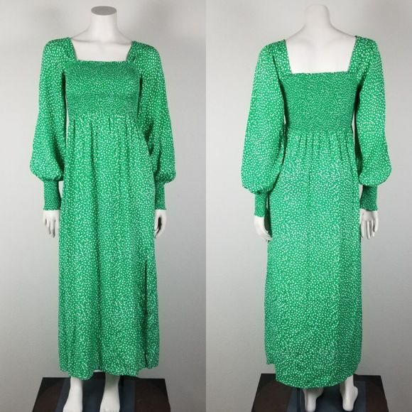 Rixo Marianne Green Micro Floral Smocked Prarie Silk Blend Midi Dress Size XXS - Picture 2 of 14